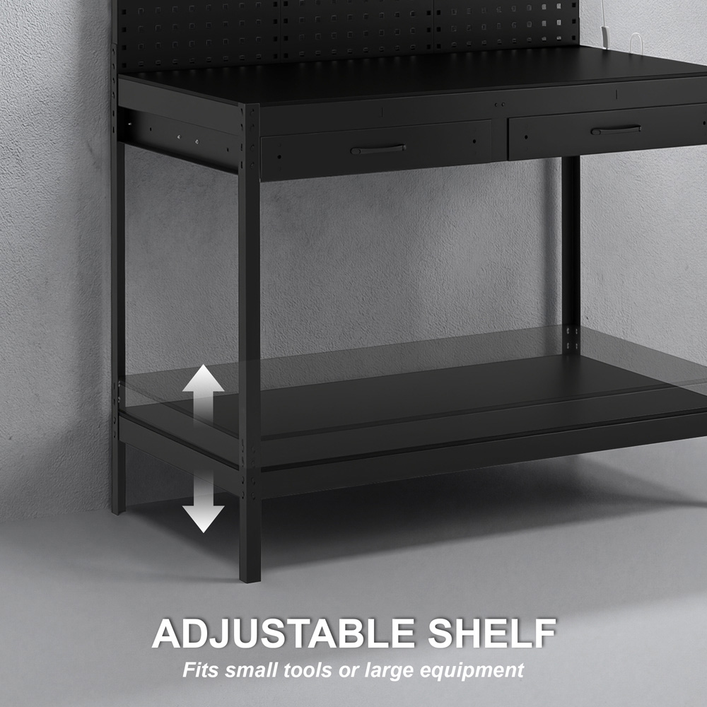 HOMCOM 2 Drawer Single Shelf Black Workbench with Pegboard and LED Light Image 4