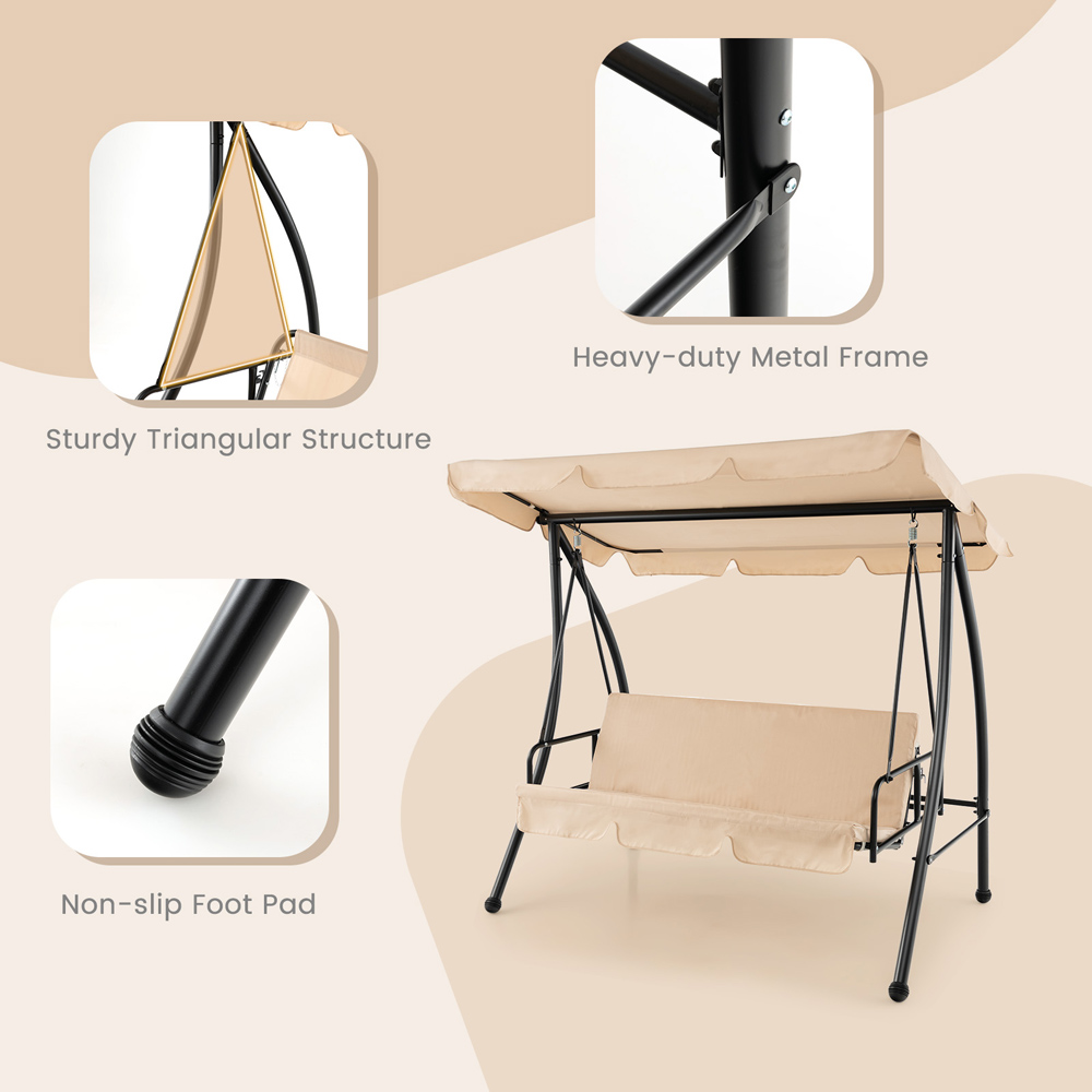 Costway 2 Seater Beige Garden Swing with Adjustable Canopy and Removable Cushion Image 7