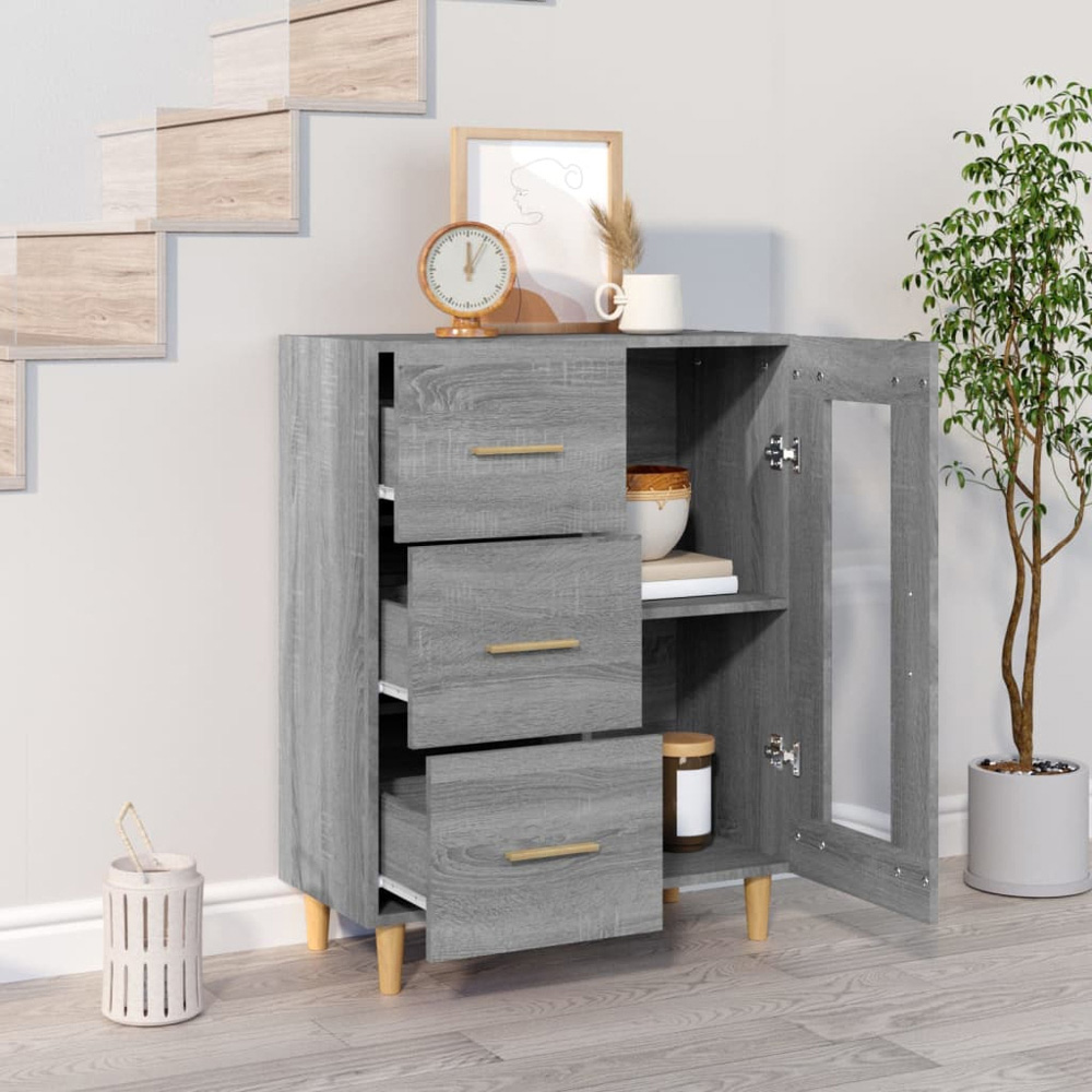 vidaXL Single Glass Door 3 Drawer Grey Sonoma Wooden Sideboard Image 9
