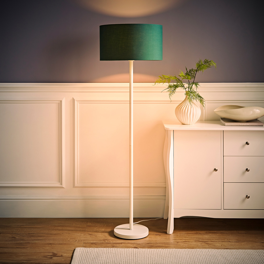 ValueLights Charlie Green Drum Shade White Floor Lamp and Bulb Image 6