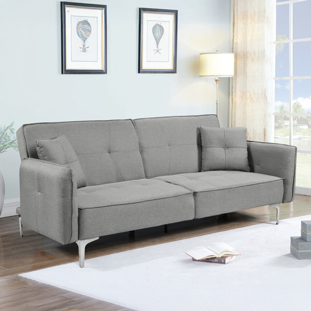 Comfy Living 3 Seater Grey Linen Sofa Bed with 2 Cushions Image 1