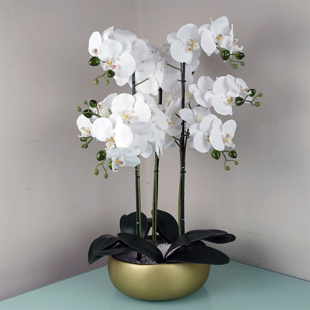 Leaf White Orchid Artificial Plant in Gold Ceramic Planter 2ft Image 7