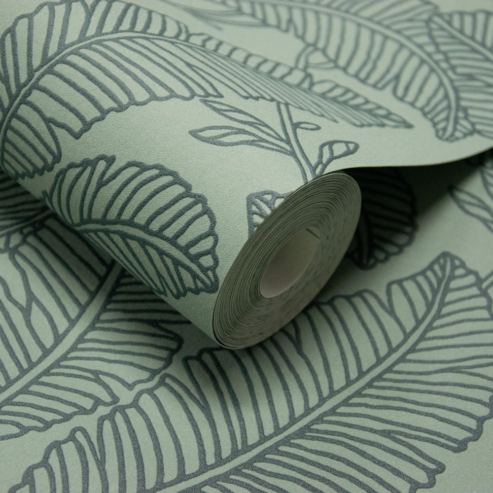 Grandeco Fay Leaf Sketch Foliage Blown Vinyl Green Wallpaper Image 2