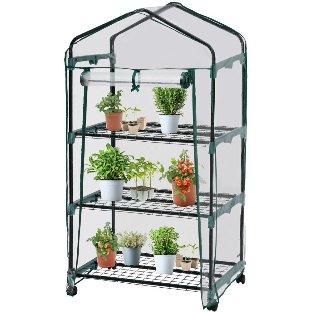 tectake 3 Shelf 1.6 x 2.2ft Greenhouse with Tarpaulin Cover and Wheels Image 1