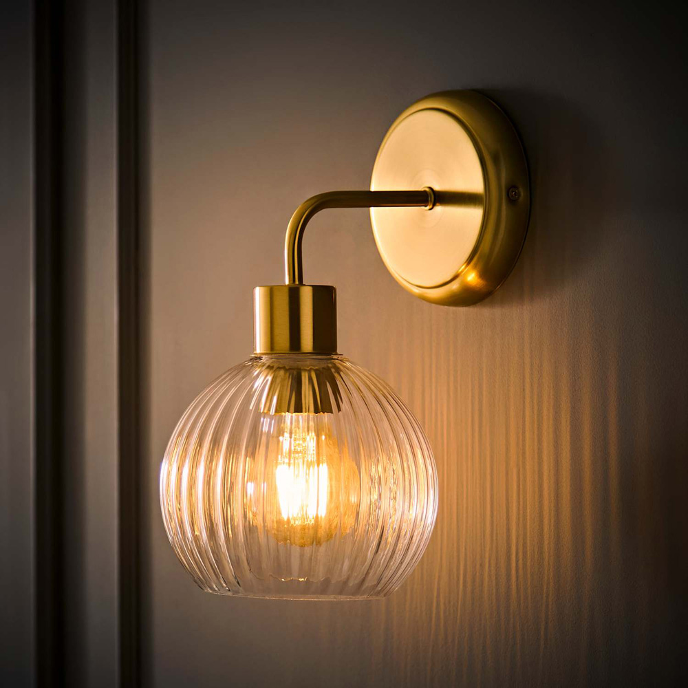 ValueLights Maddison Ribbed Glass Globe Gold Metal Wall Light with Bulb Image 2