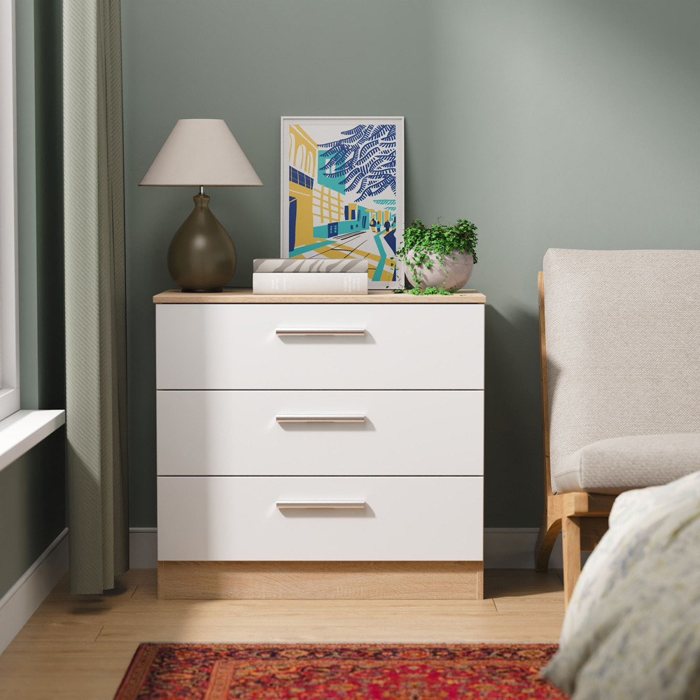 Crowndale Contrast 3 Drawer White Matt and Bardolino Oak Chest of Drawers Ready Assembled Image 7