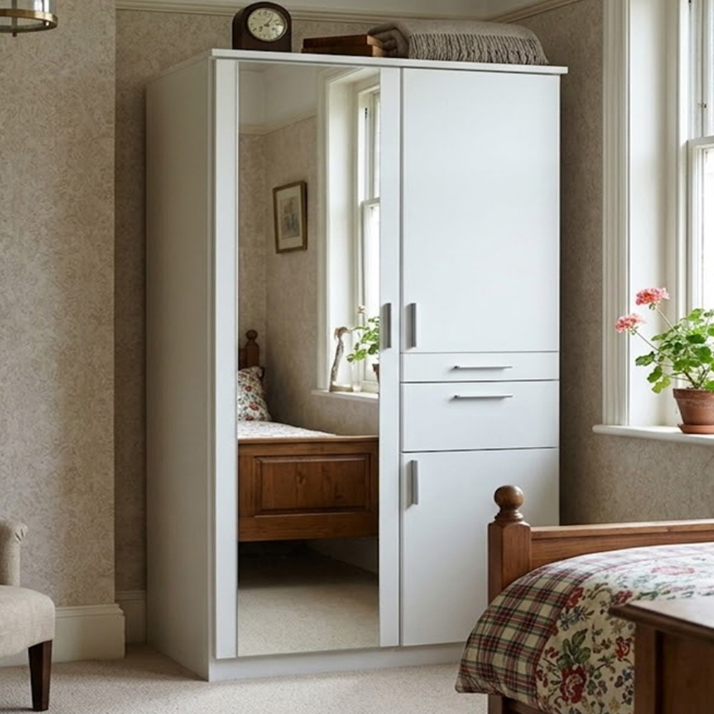TJ'S Lyon 3 Door 2 Drawer White Wardrobe with Mirror Image 1