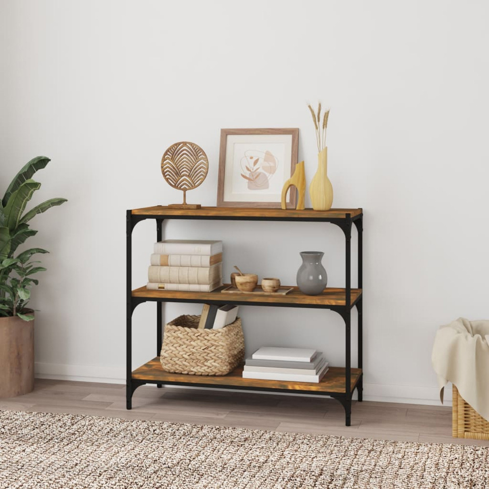 vidaXL 3 Shelf Smoked Oak Wood and Steel Bookcase Image 7