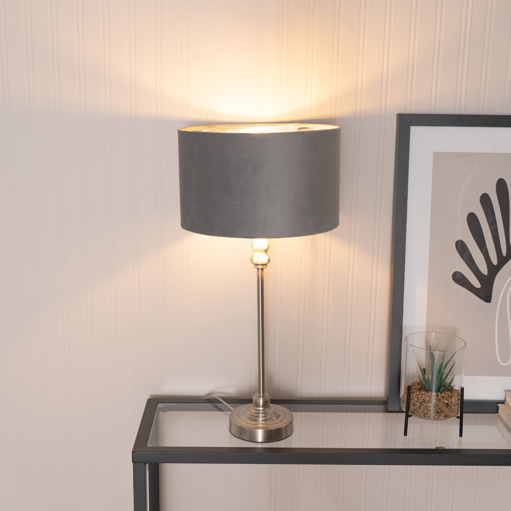 ValueLights Maggie Chrome Candlestick LED Table Lamp with Grey and Chrome Velvet Lamp Shade Image 3