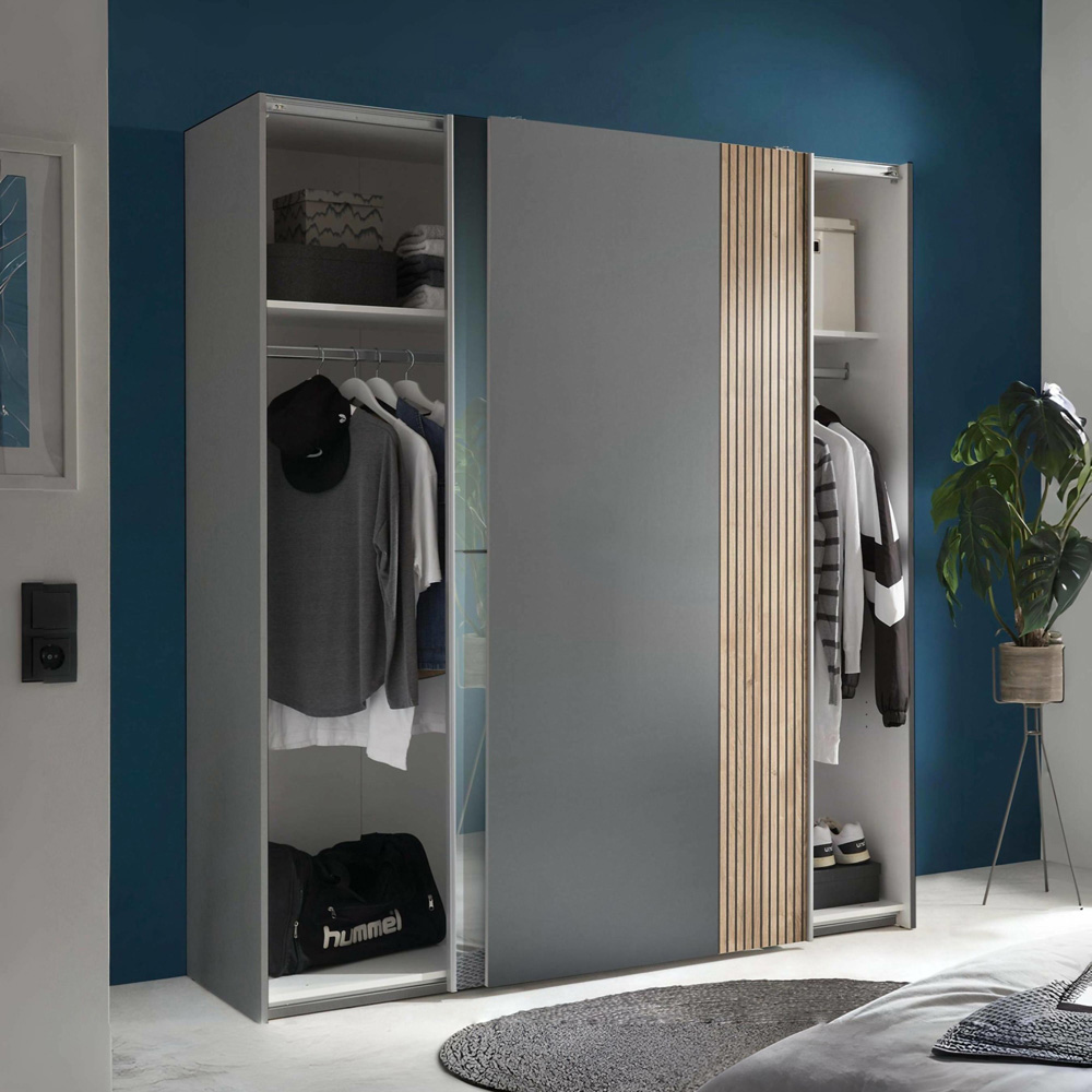 Julian Bowen Berno Light Oak and Dark Grey 2 Door Mirrored Sliding Wardrobe Image 8