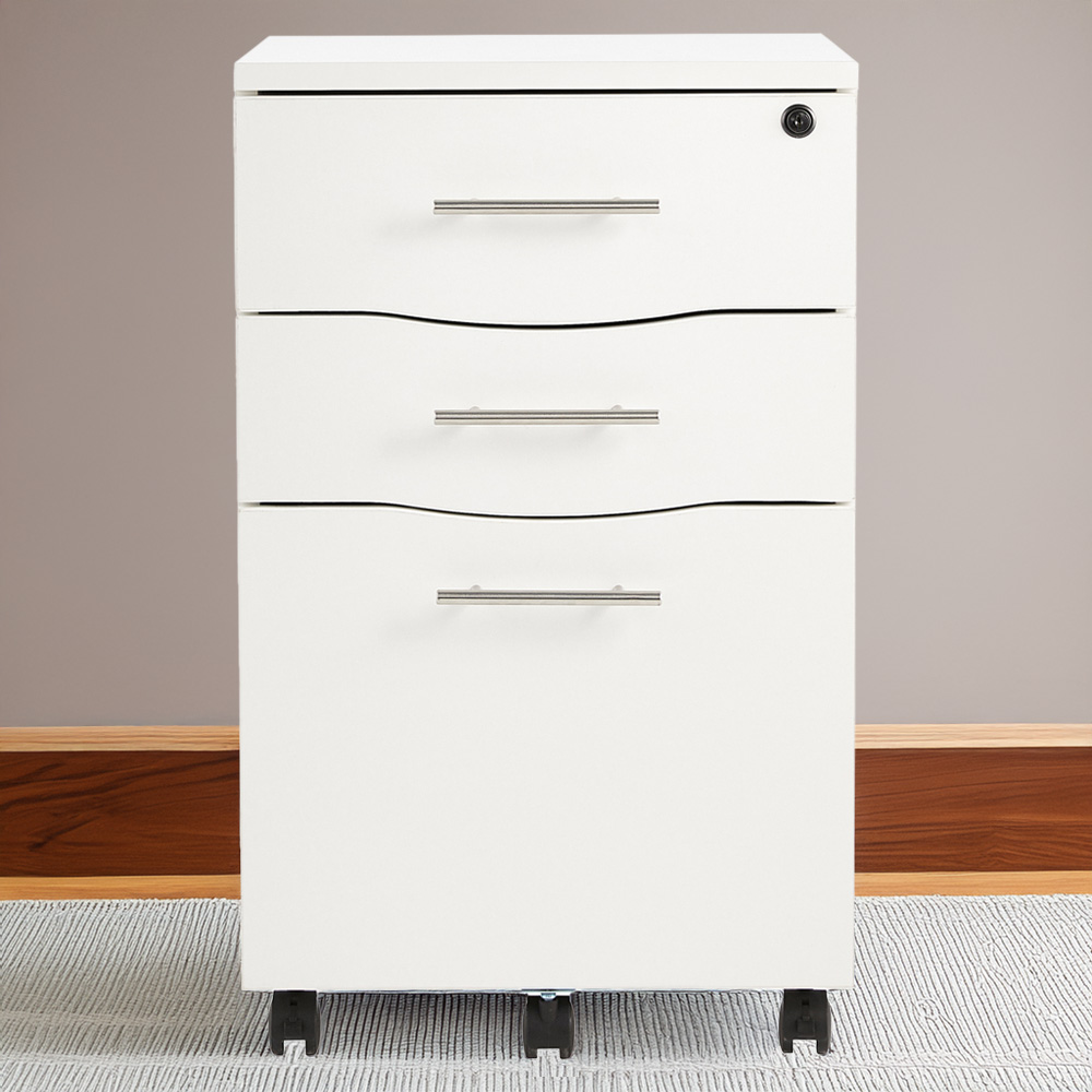 MMT Furniture Designs 3 Drawer White Wooden Lockable Short Filing Cabinet Image 1