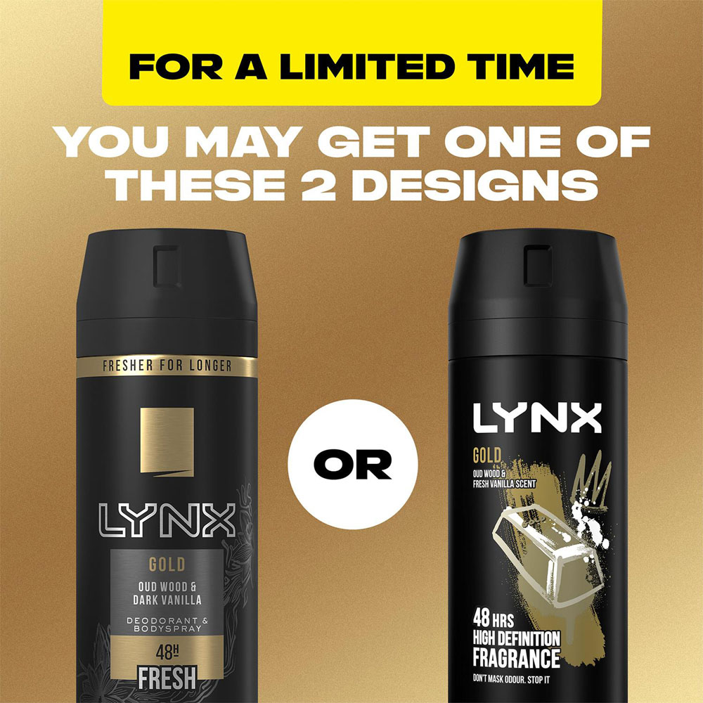 Lynx Gold Oud Wood and Fresh Vanilla 48H Protection Deodorant Body Spray 150ml 36 Pack Image 6