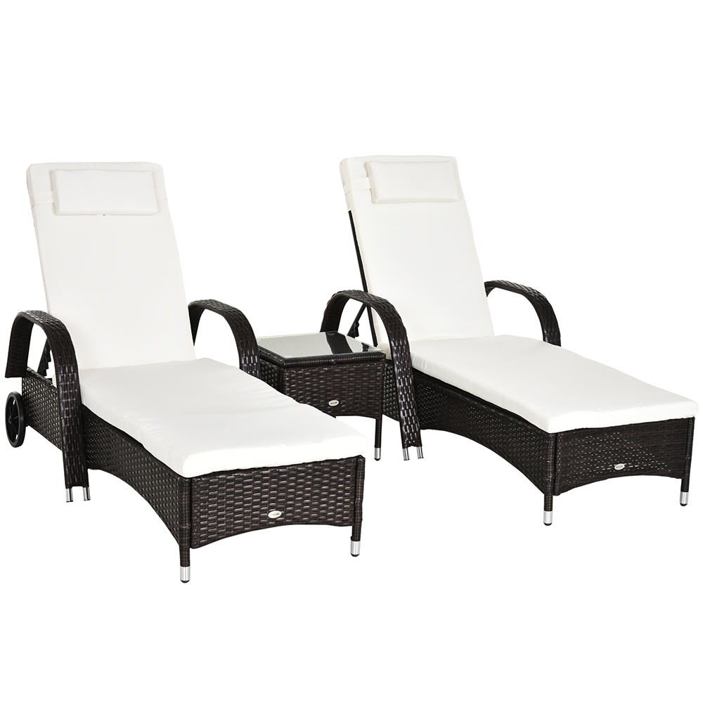 Outsunny Set of 2 Brown Rattan Sun Lounger Set with Table Image 2