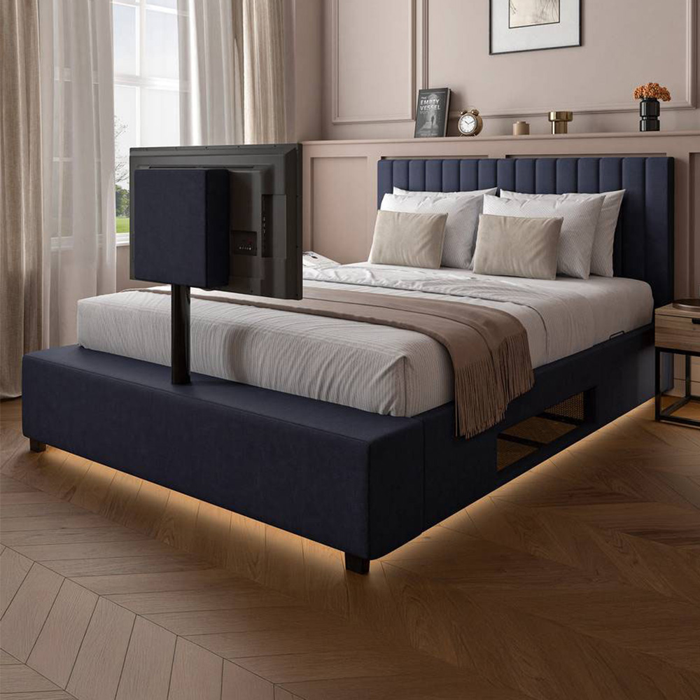 XR Living Maisie Double Navy Blue Velvet Ottoman TV Bed with LED Under Frame Image 1