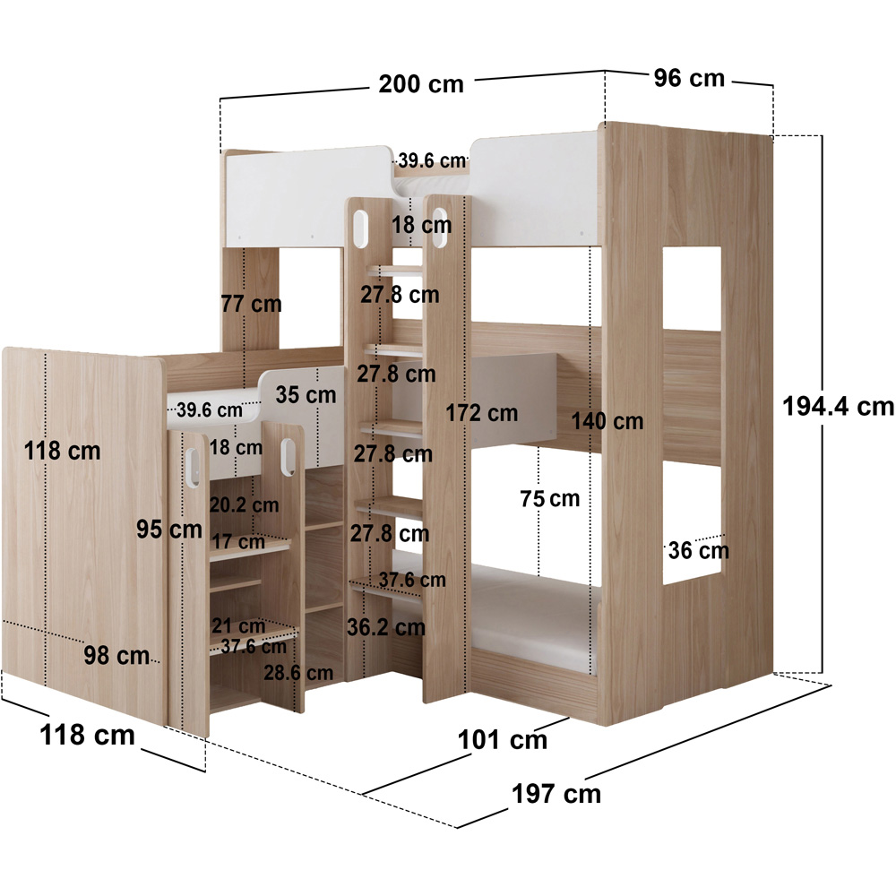 Flair Bode Triple Sleeper White and Oak L-Shaped Bunk Bed Image 8