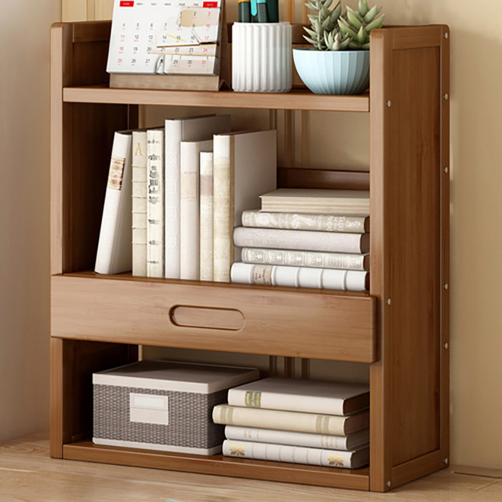 Living and Home Single Drawer 3 Shelf Brown Bamboo Desktop Bookshelf Image 1