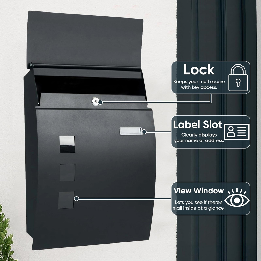 ATEK Black Steel Large Wall-Mounted Lockable Letterbox with 2 Keys Image 7