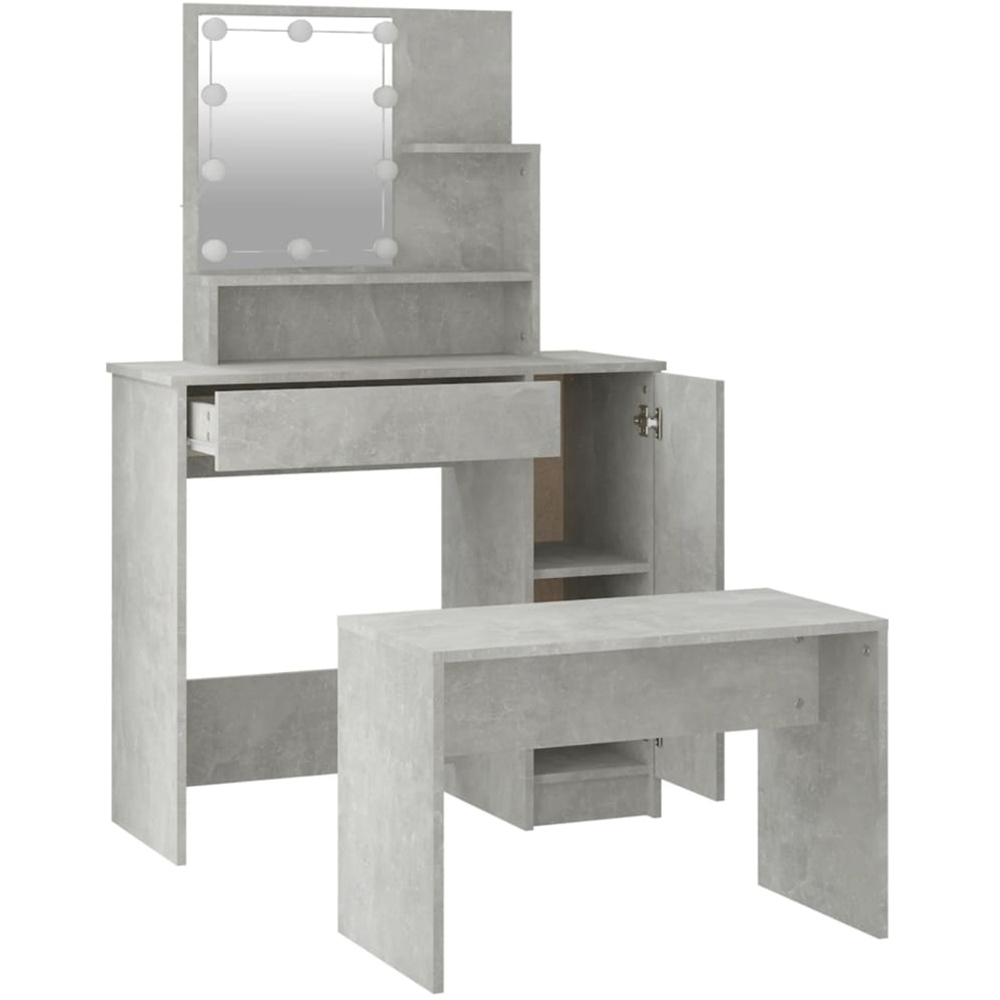 vidaXL Single Door Single Drawer 3 Shelf Concrete Grey Dressing Table Set with LED Lights Image 4