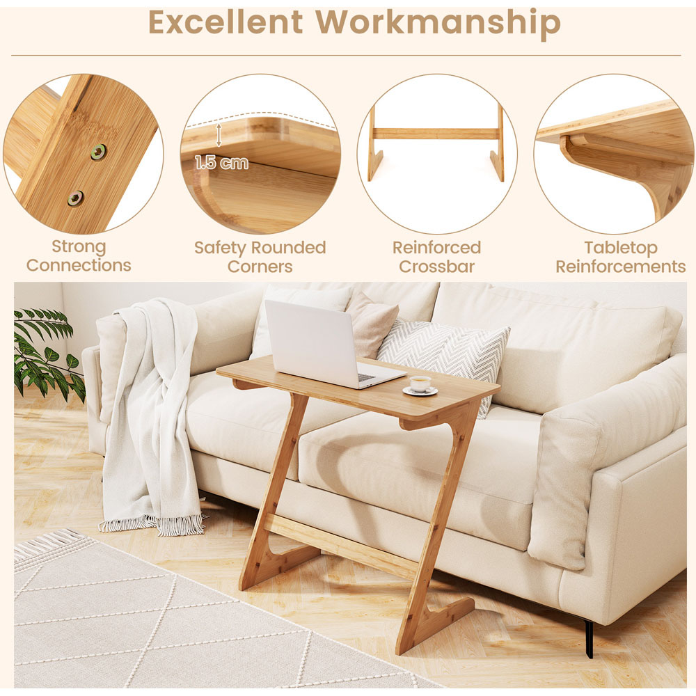 Costway Natural Z-Shaped Bamboo Sofa Side End Couch Table Image 8
