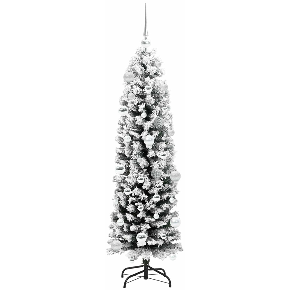 vidaXL Green Snow Flocked Artificial Christmas Tree with LEDs Silver Decoration Ornaments 5ft Image 4