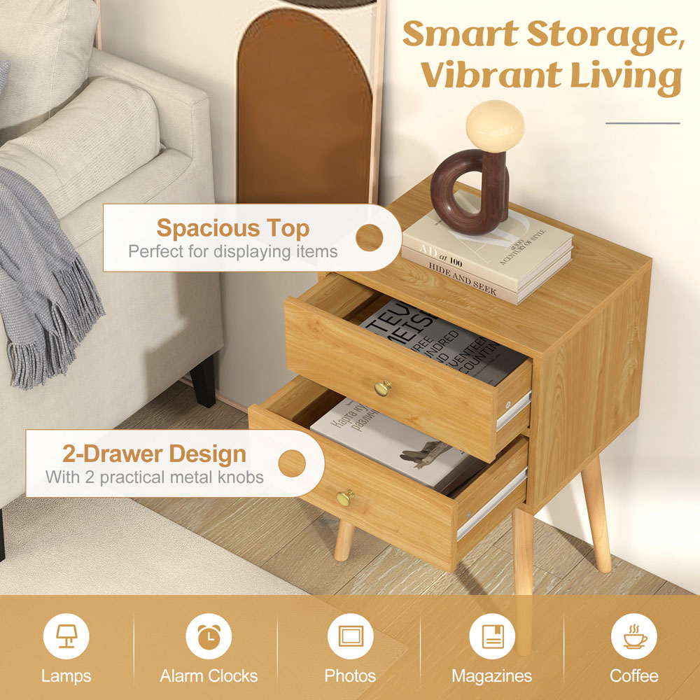 Costway 2 Drawer Natural Wooden Nightstand Image 7
