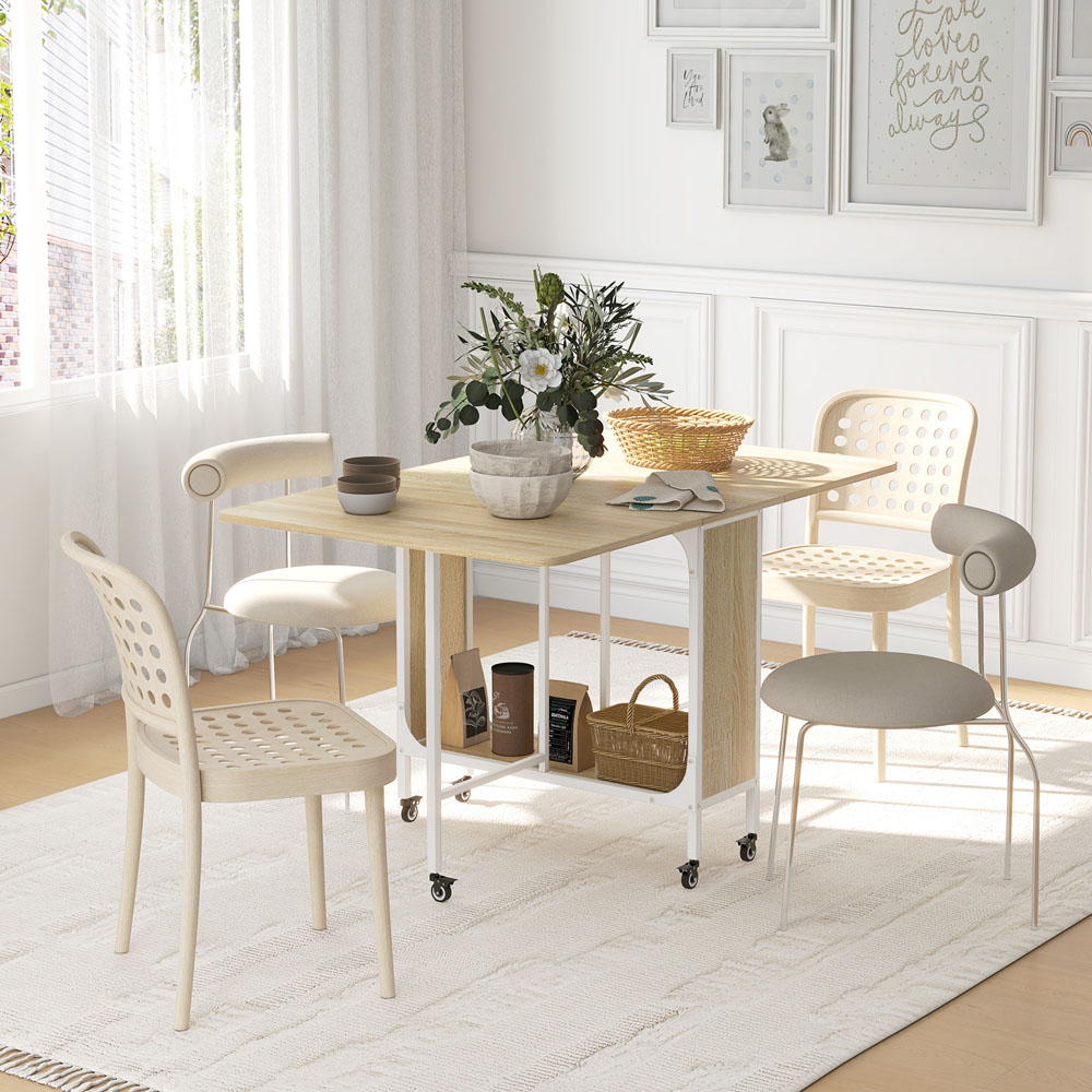 HOMCOM 6 Seater Natural Drop Leaf Mobile Dining Table Image 5