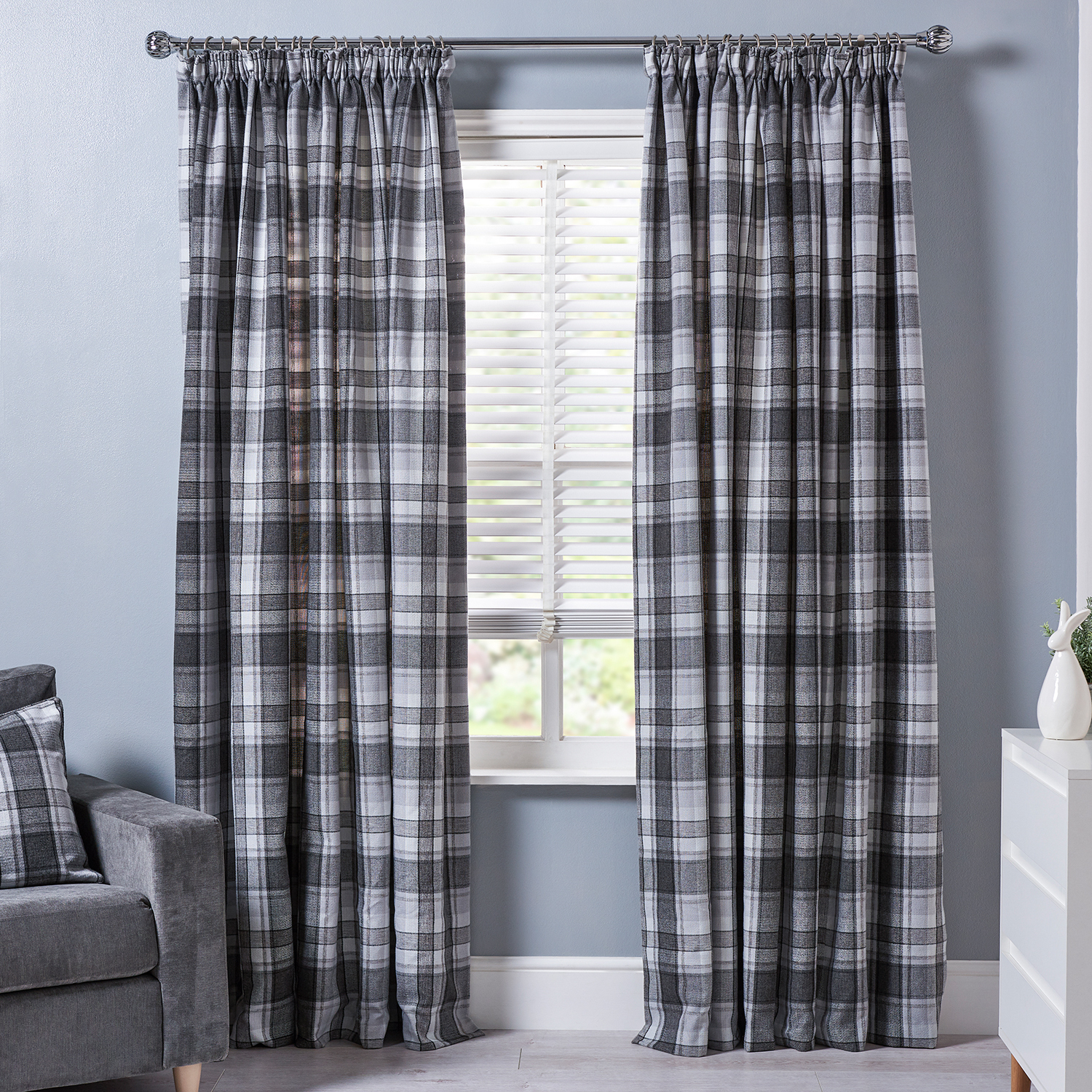 Divante Highbury Grey Check Pencil Pleat Curtains 137 x 117cm Image