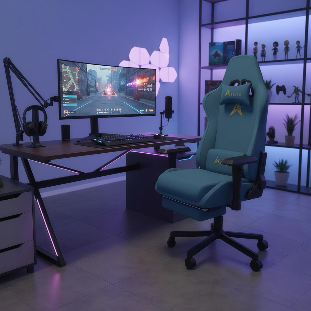 Alivio Blue Velvet Reclining Gaming Chair with Lumbar and Headrest Support Image 3