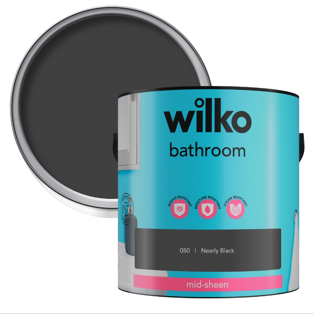 Wilko Bathroom Nearly Black Mid Sheen Emulsion Paint 2.5L Image 1