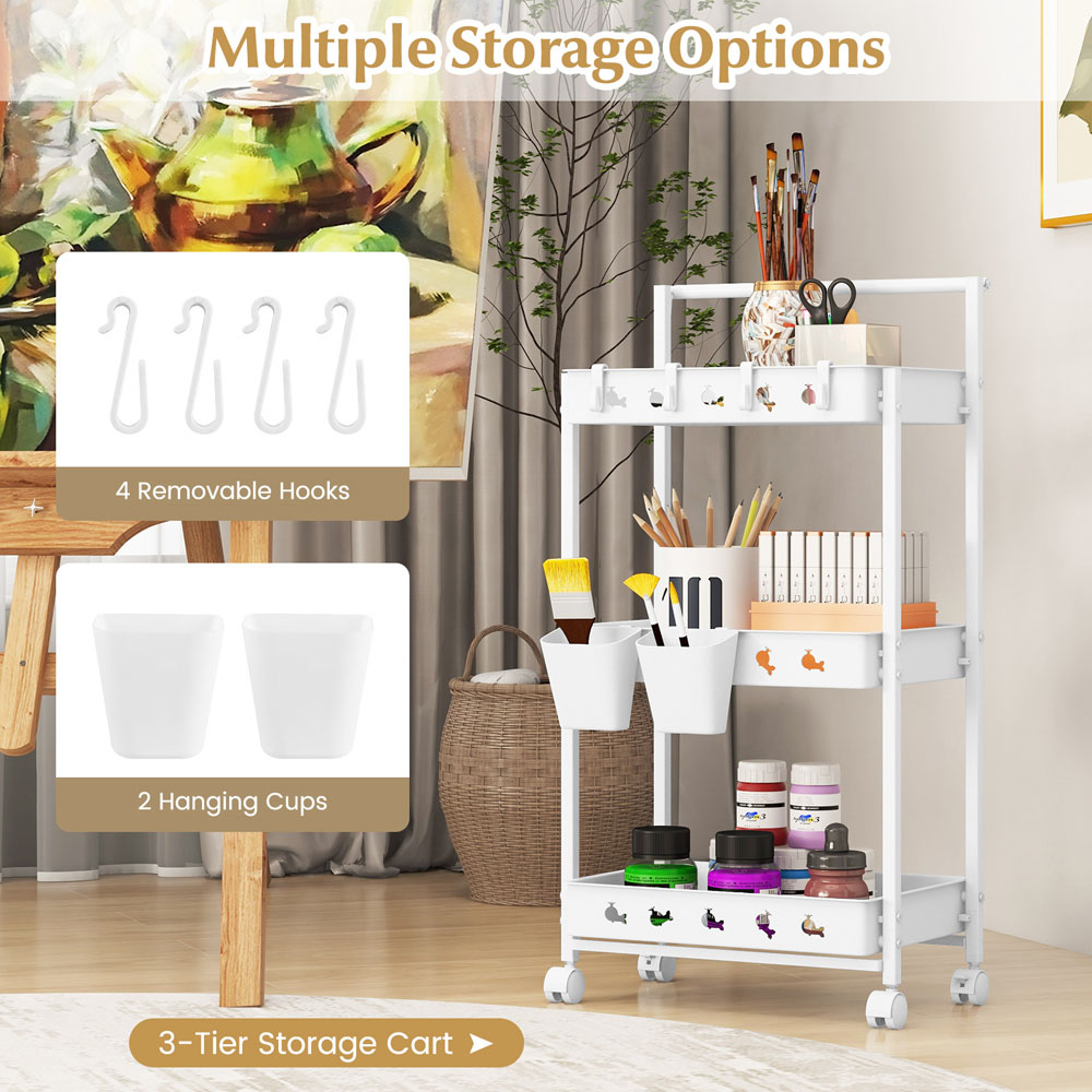Costway 3 Shelf White Rolling Storage Cart with Hanging Cups and Hooks Image 6