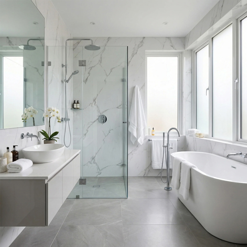 Britwall White Carrara Marble Glossy Shower Panel 2400 x 1000 x 10mm 3 Pack Image 5