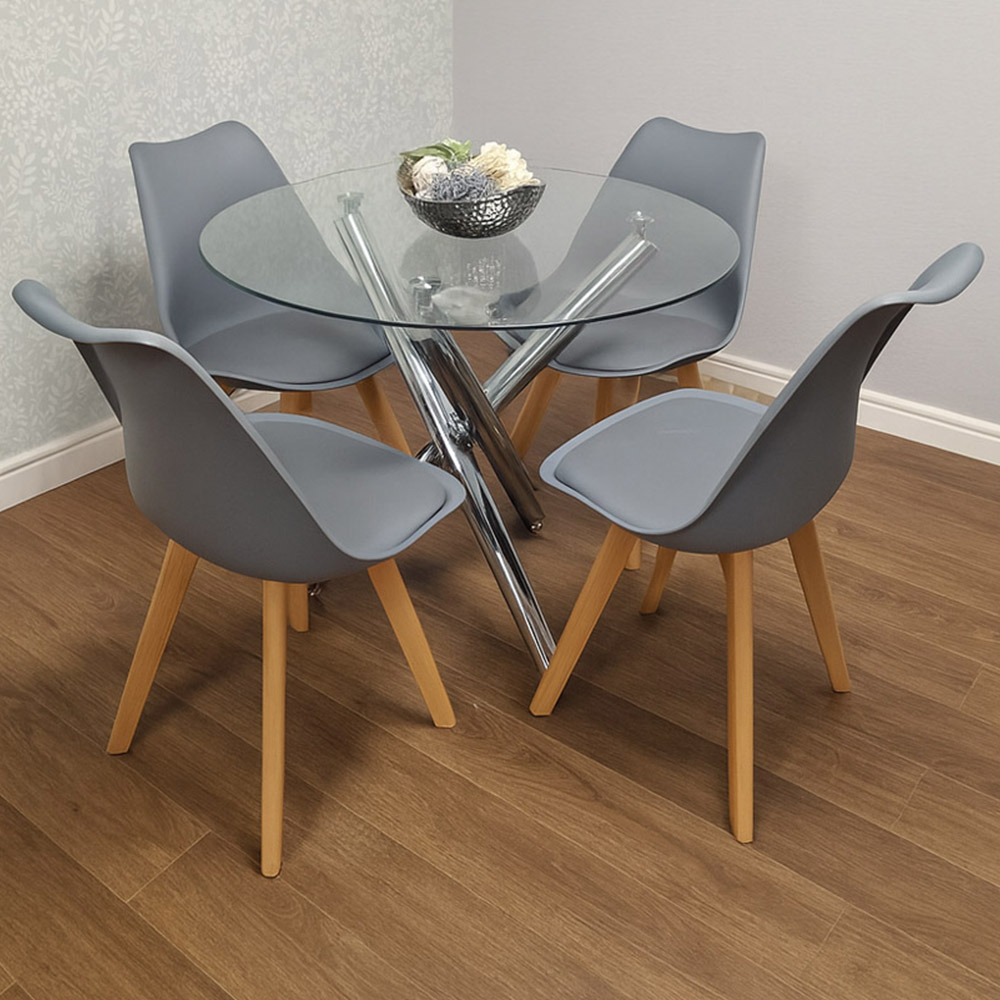 Kosy Koala 4 Seater Clear Glass Faux Leather Round Dining Set Grey Image 1