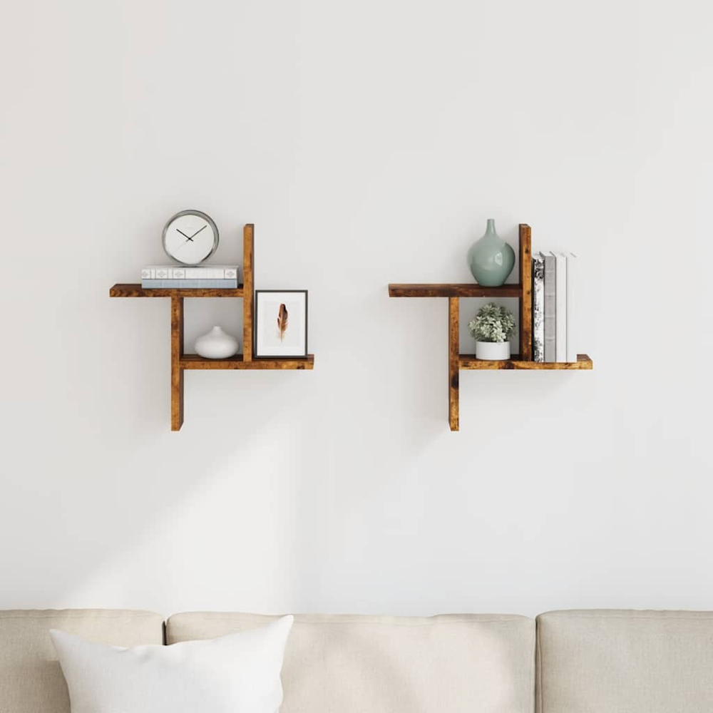 vidaXL Set of 2 3 Shelf Smoked Oak Floating Wall Shelf Image 2