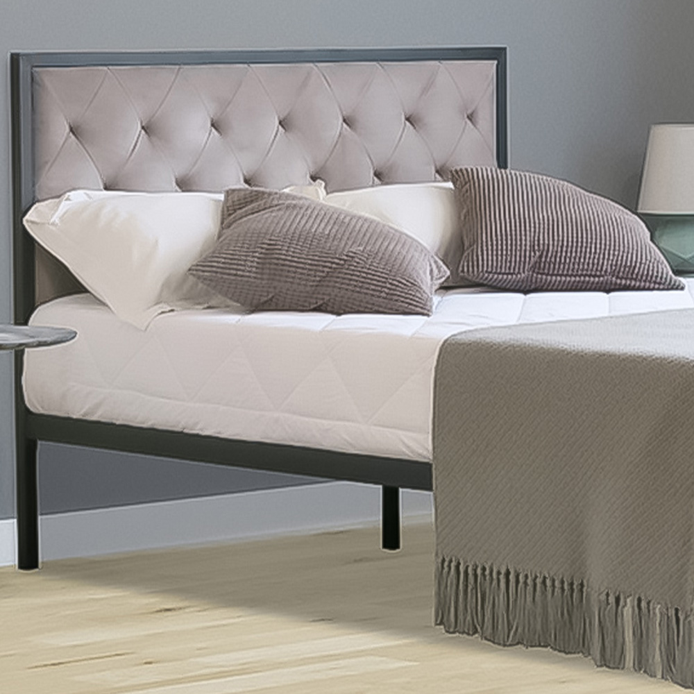 Brooklyn King Size Metal Bed Frame with Grey Plush Velvet Buttoned Headboard Image 2