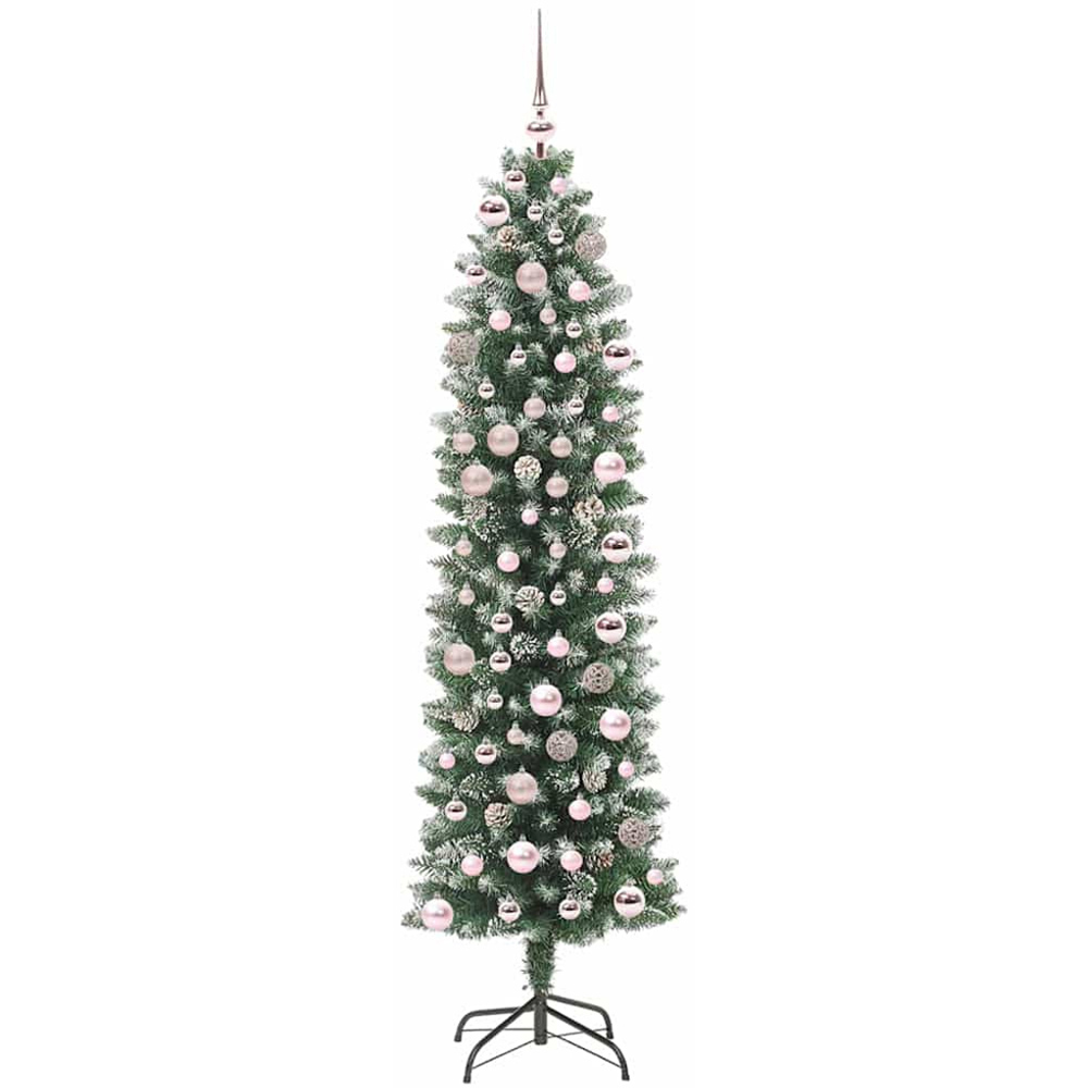vidaXL Pre-Lit Pink Bauble Pinecones Green Snow Flocked Artificial Pencil Christmas Tree 6ft Image 2