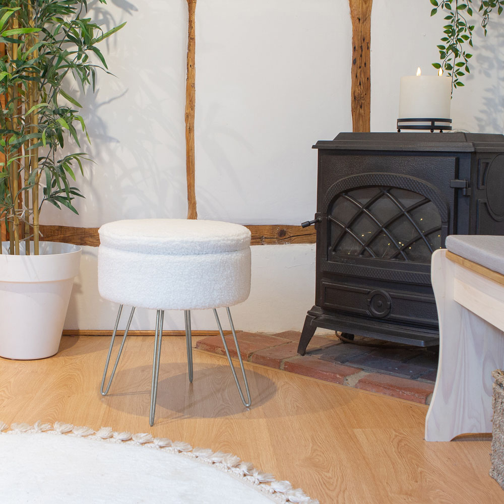 Harbour Housewares Cream and Silver Boucle Round Footstool with Storage Image 5