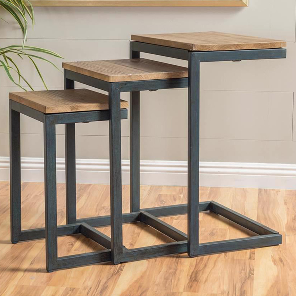 FWStyle Oak Effect and Blue Metal Nest of Table Set of 3 Image 1