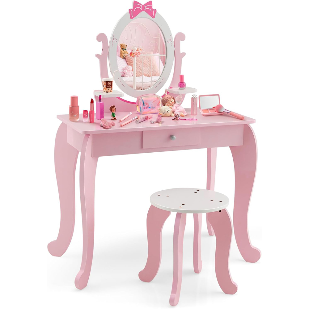 Costway 2 in 1 Pink and White Rotating Mirror Kids Vanity Table with Stool Image 2