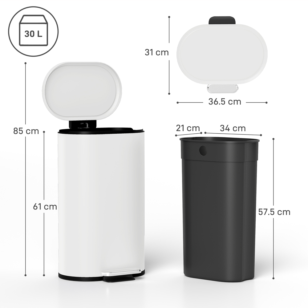HOMCOM Cream Slim Rectangular Kitchen Pedal Bin with Soft-Close Lid 30L Image 9