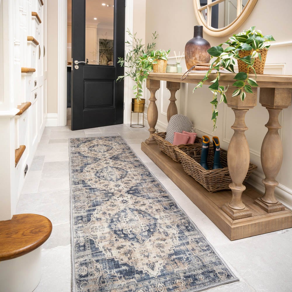 Kukoon Beige and Blue Distressed Vintage Medallion Rug 240 x 60cm Image 3