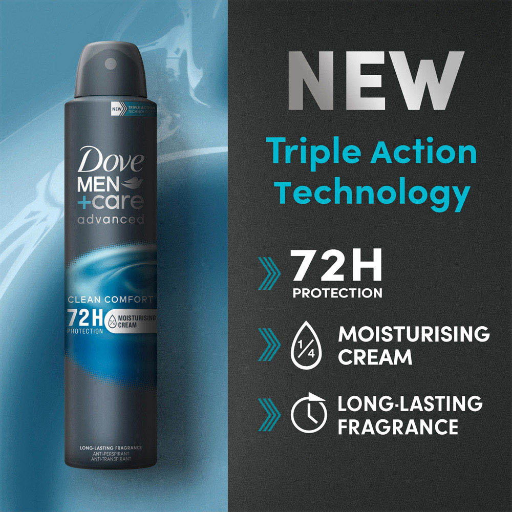 Dove Men+Care Advanced Clean Comfort Antiperspirant Deodorant Aerosol 200ml Image 5