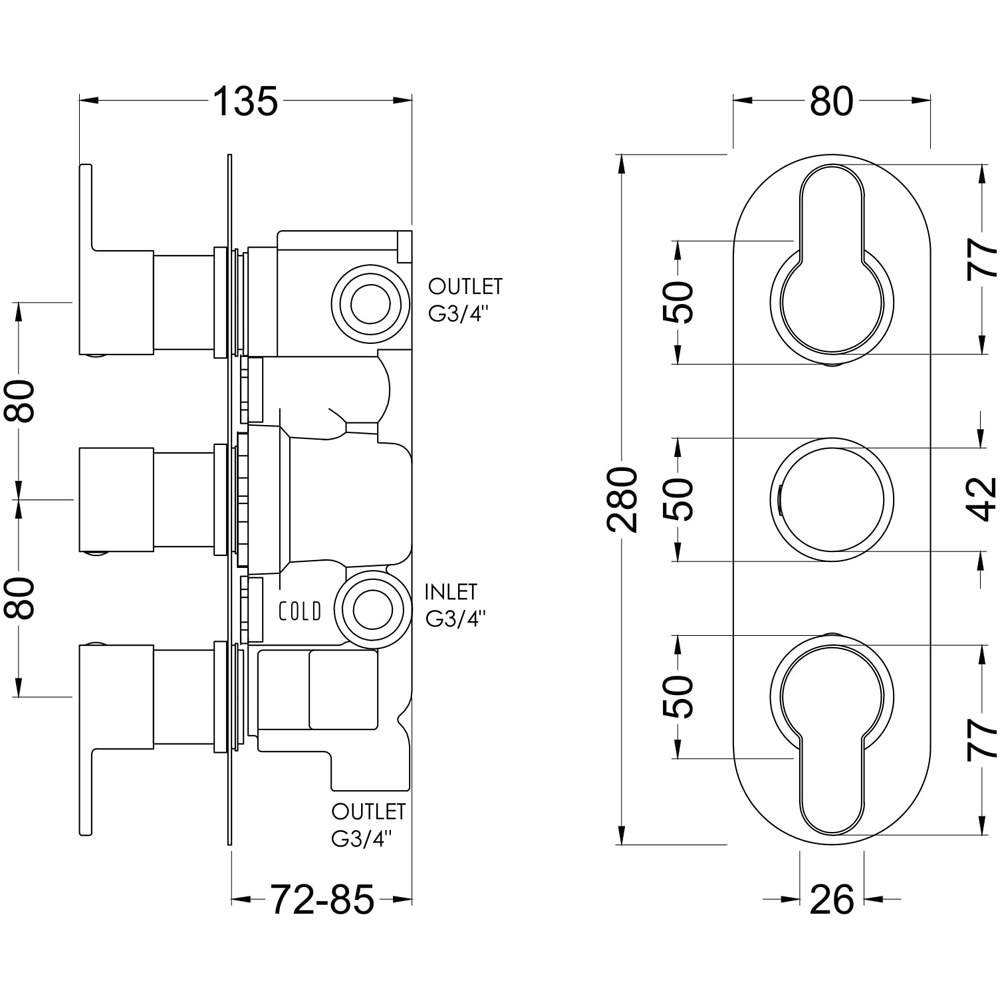 nuie Arvan Matt Black Triple Thermostatic Valve with Diverter Image 2