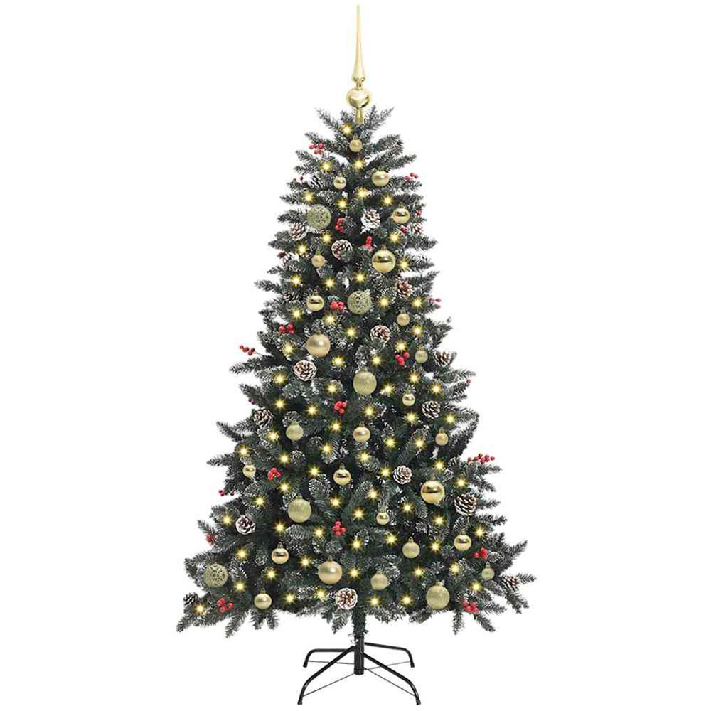vidaXL Pre-Lit Gold Bauble Pinecones Berries Green Snow Flocked Artificial Christmas Tree 5ft Image 1