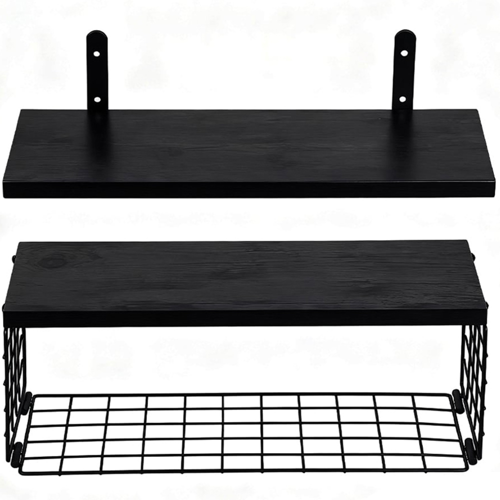 Living and Home Black 2-Tier Wall-Mounted Floating Shelf with Wire Basket Image 3