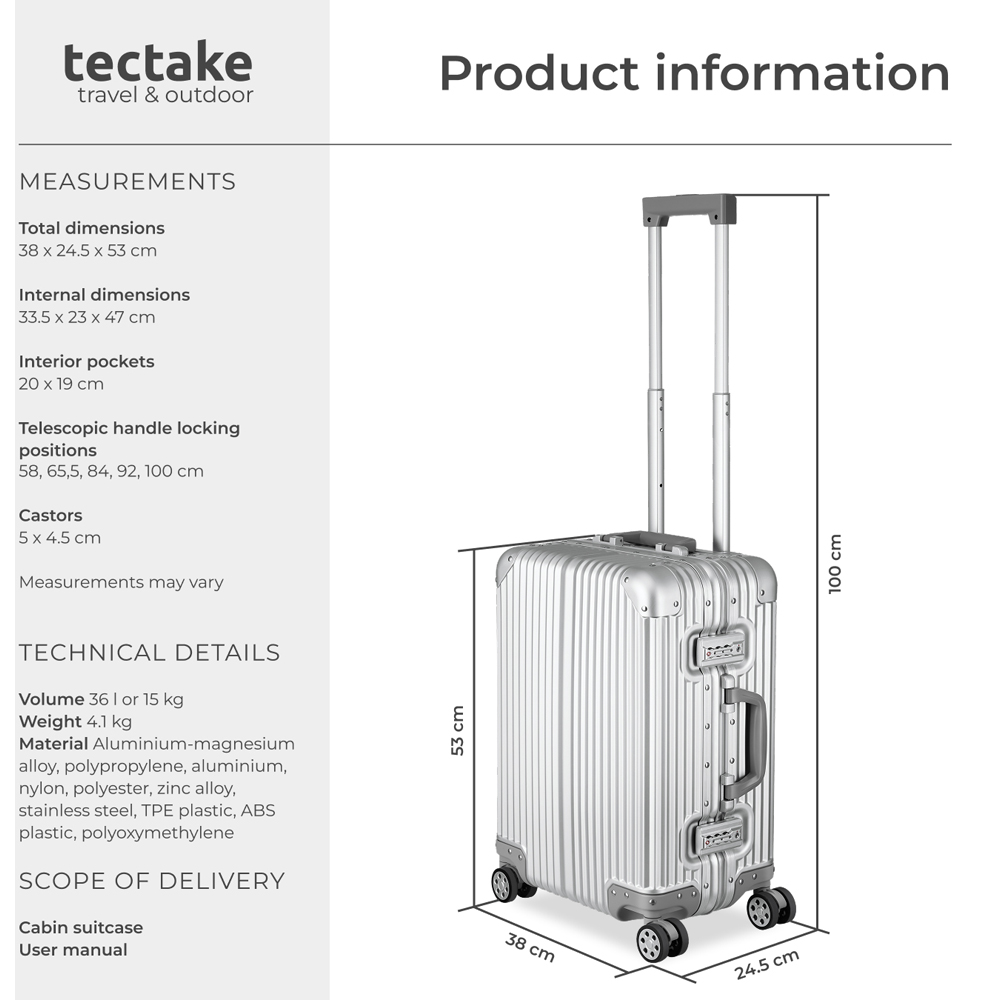 tectake Airway Aluminium Double Castor Carry-On Cabin Suitcase with TSA Lock Image 8