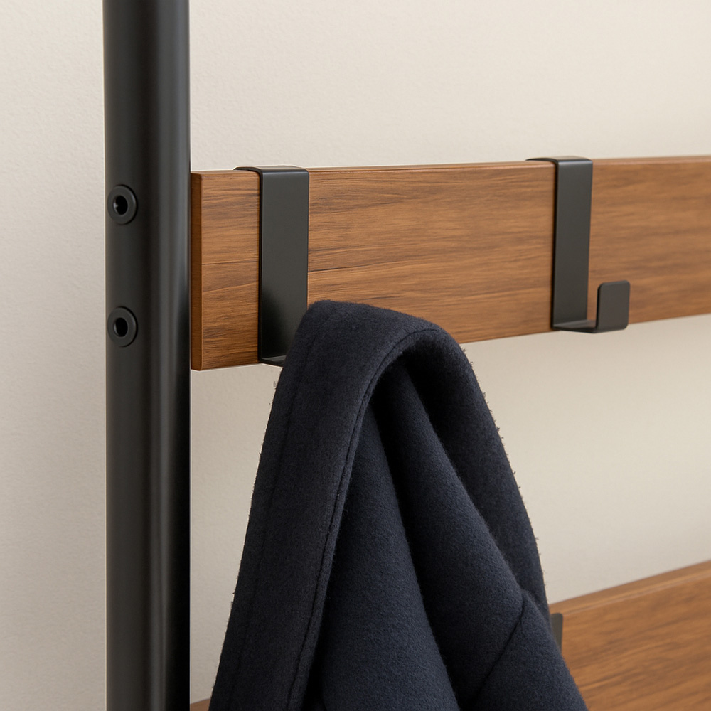 Harbour Housewares 2 Shelf 9 Hook Black and Brown Square Steel Coat Rack with Shoe Storage Bench Image 3