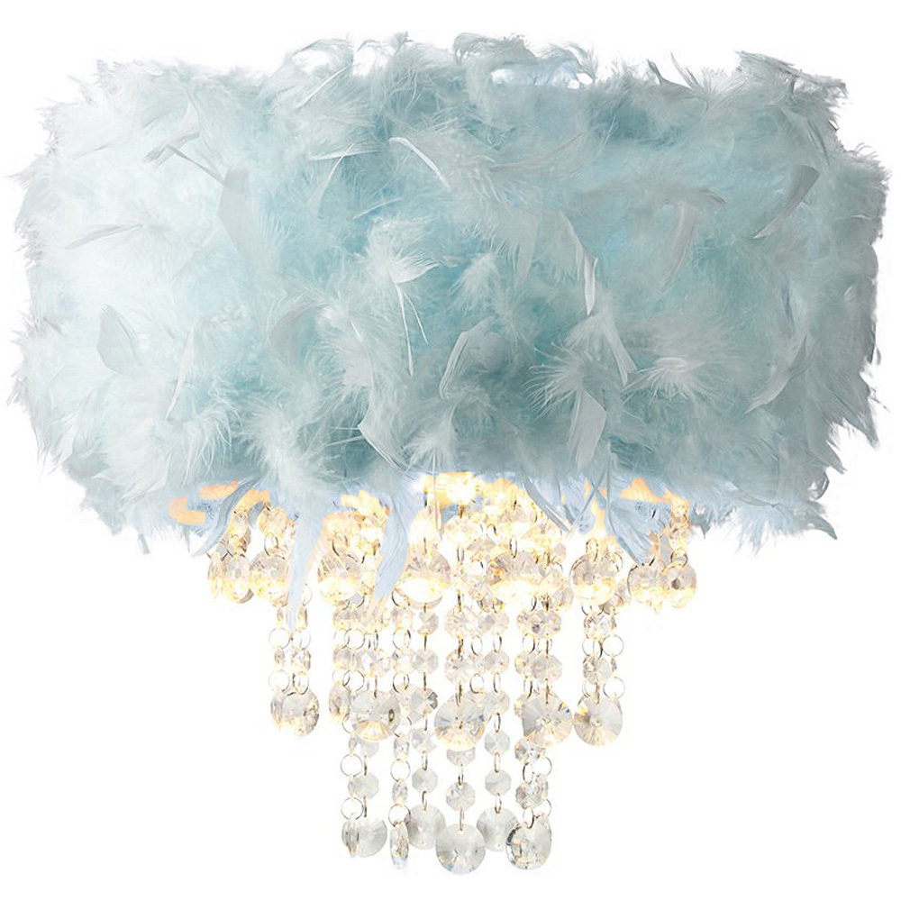 Happy Homewares Duck Egg Feather Drum Pendant Shade with Clear Acrylic Droplets Image 2
