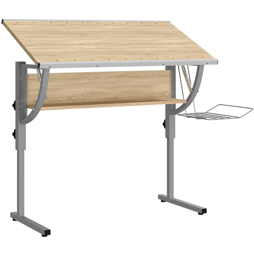 vidaXL Single Shelf Craft Desk with Magazine Rack Oak and Grey Image 4