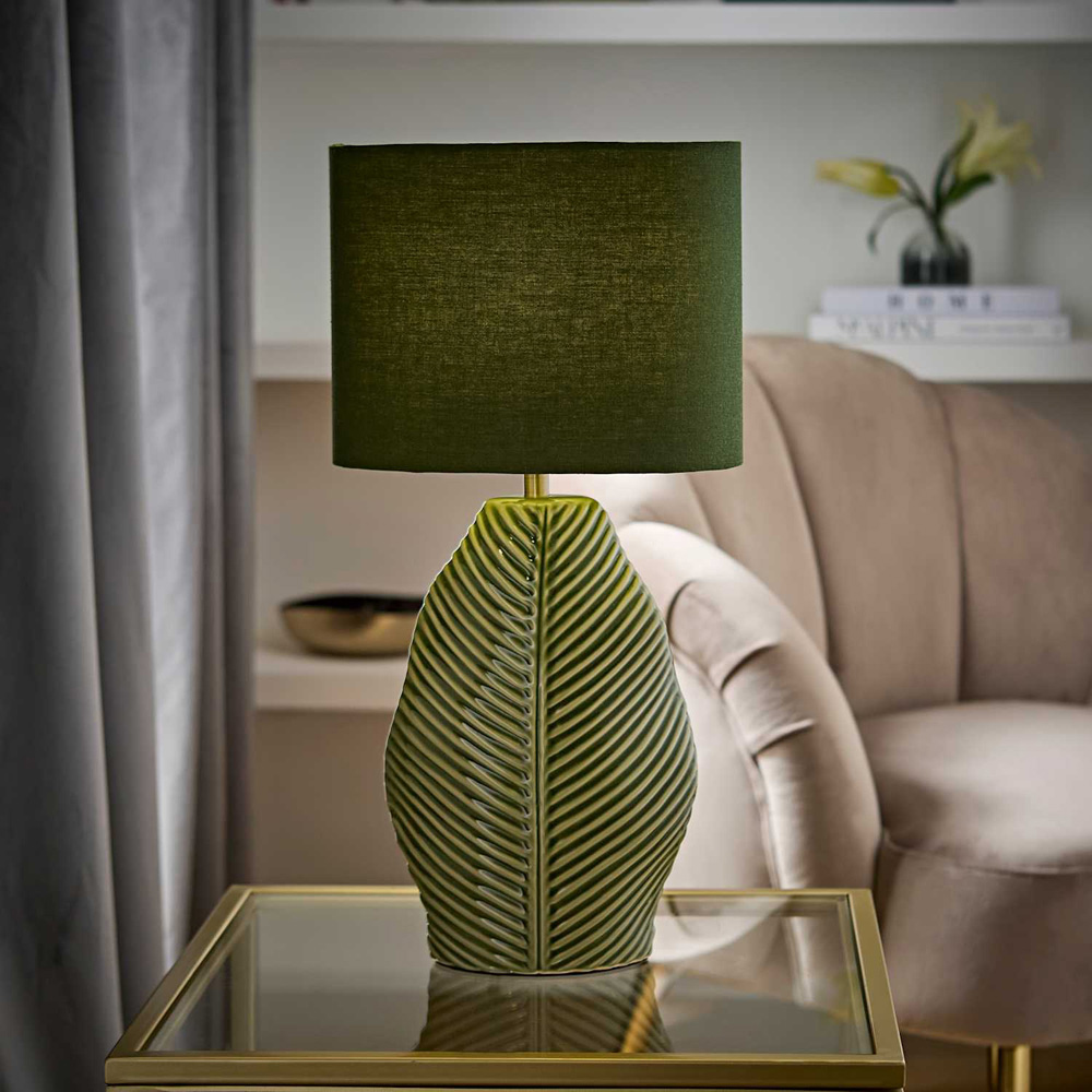 ValueLights Paloma Green Leaf Embossed Ceramic LED Table Lamp with Bulb Image 6