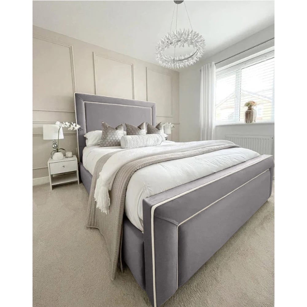 Eleganza Home Arring Super King Size Silver Plush Velvet Bed Frame with Headboard and Footboard Image 3